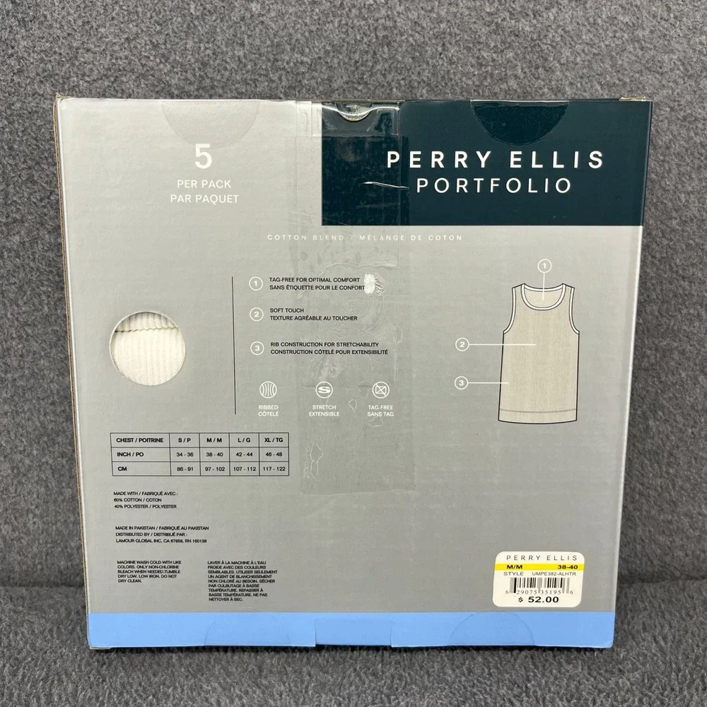 Perry Ellis Portfolio Tank Top Mens Medium 5 Pack White Grey Black Ribbed Cotton